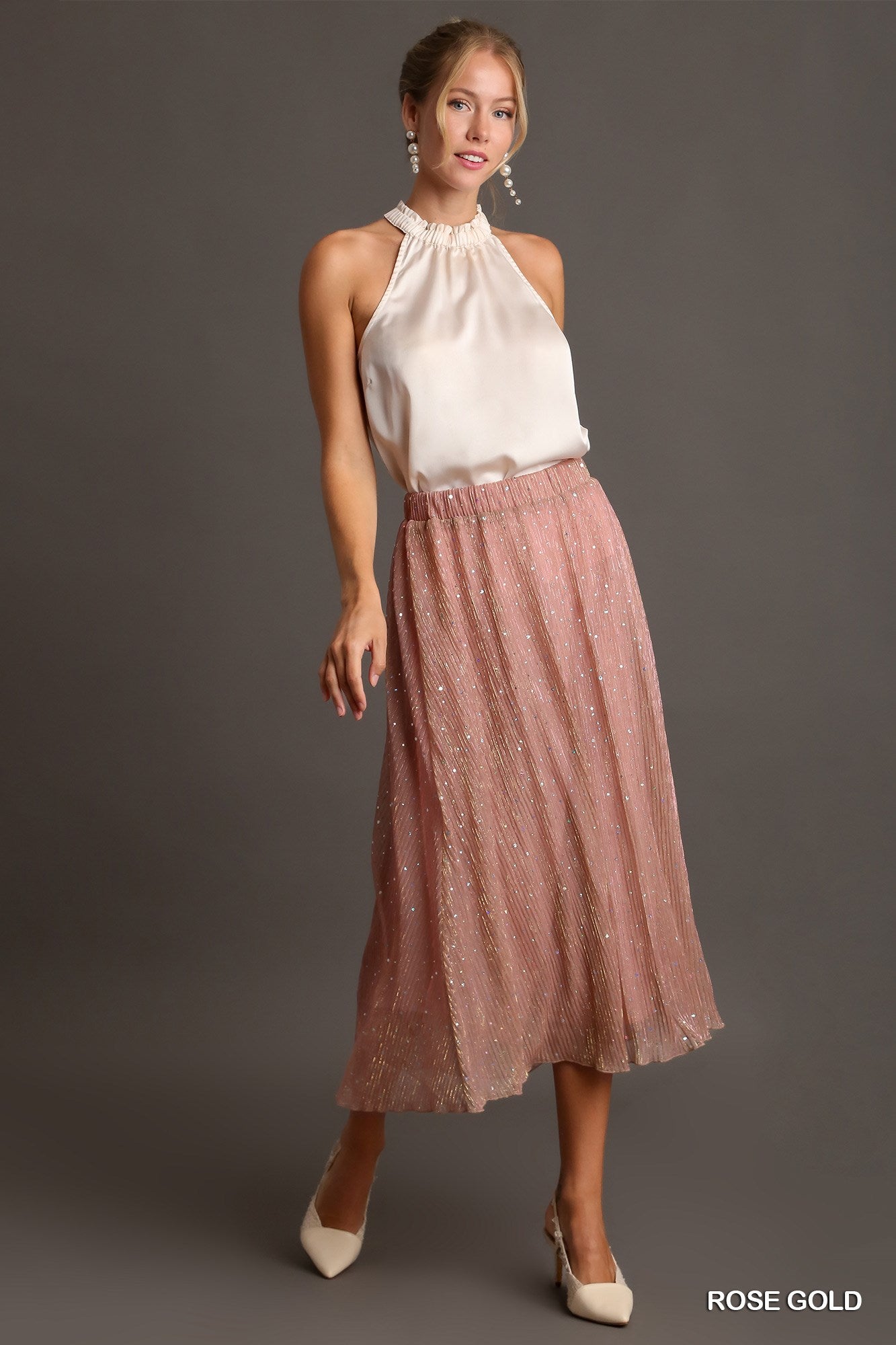 Rose Gold Shimmer Midi Skirt