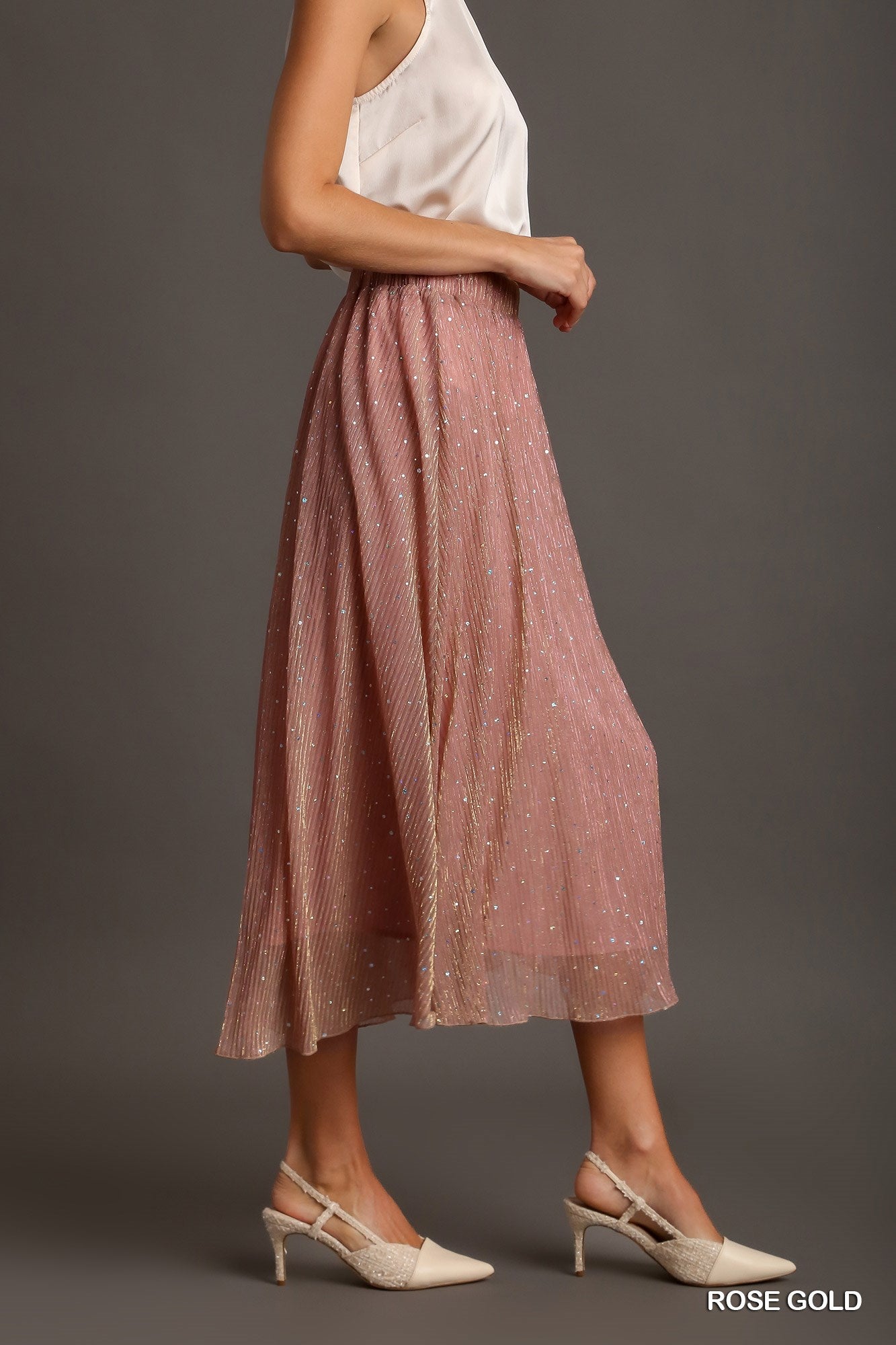 Rose Gold Shimmer Midi Skirt