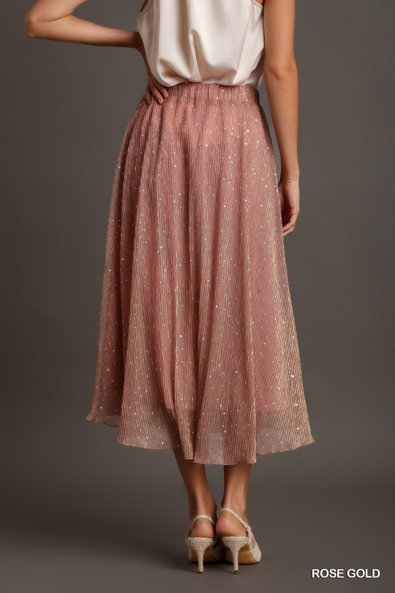 Rose Gold Shimmer Midi Skirt