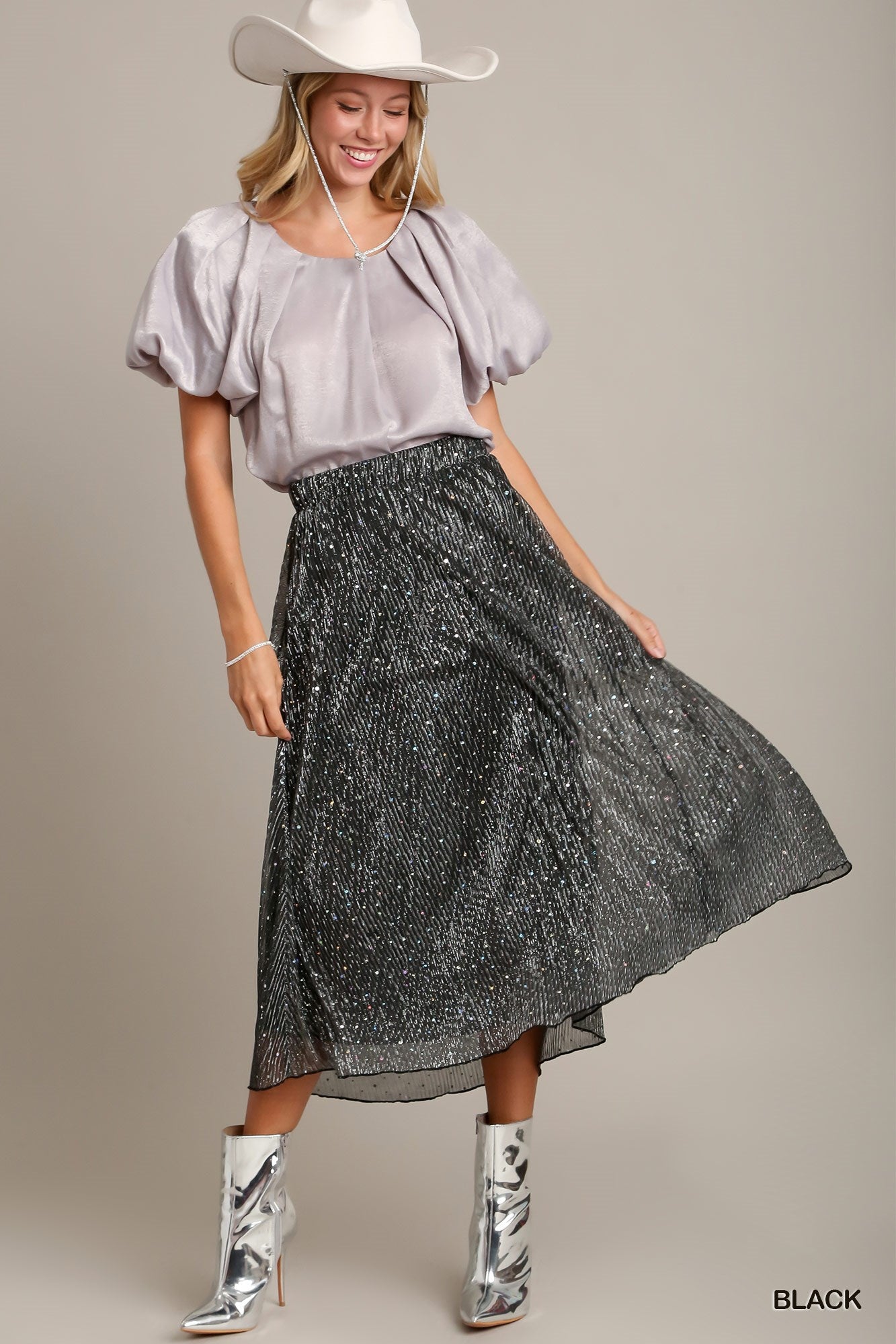 Black Shimmer Midi Skirt