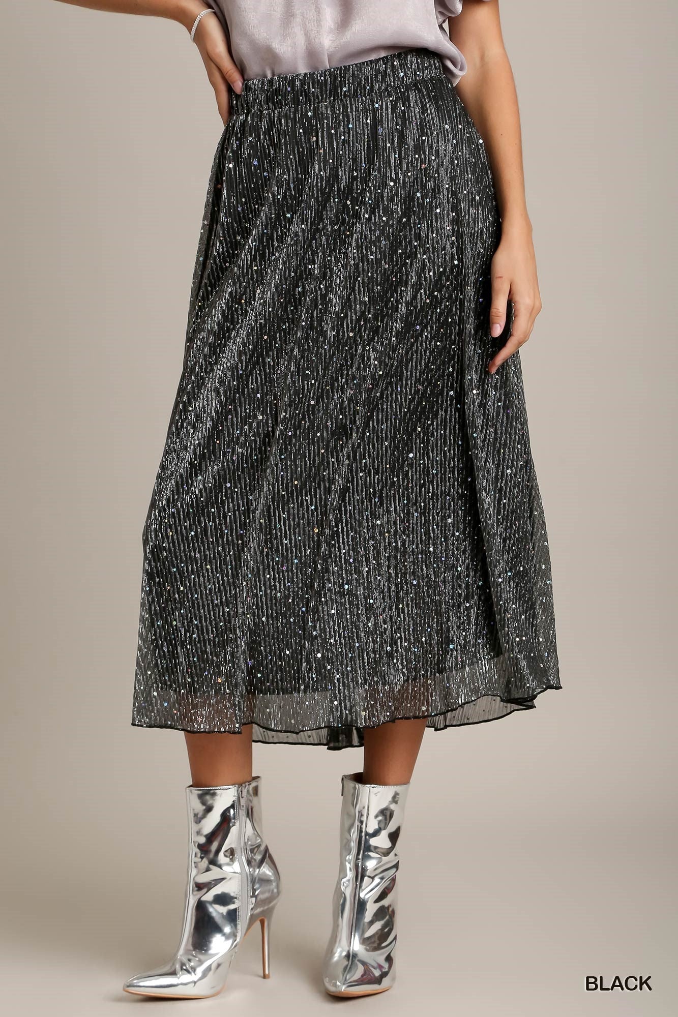 Black Shimmer Midi Skirt