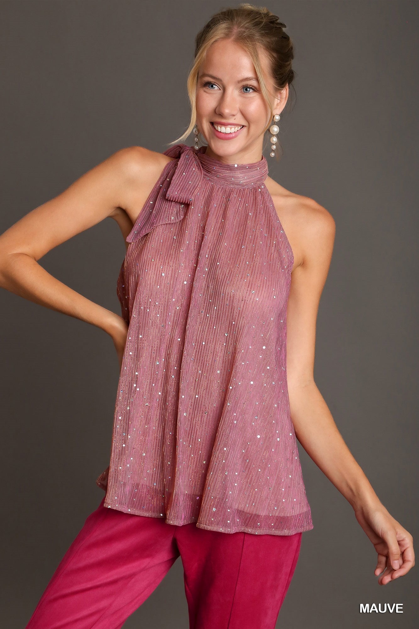 Mauve Sleeveless Metallic Tie Neck Halter Top