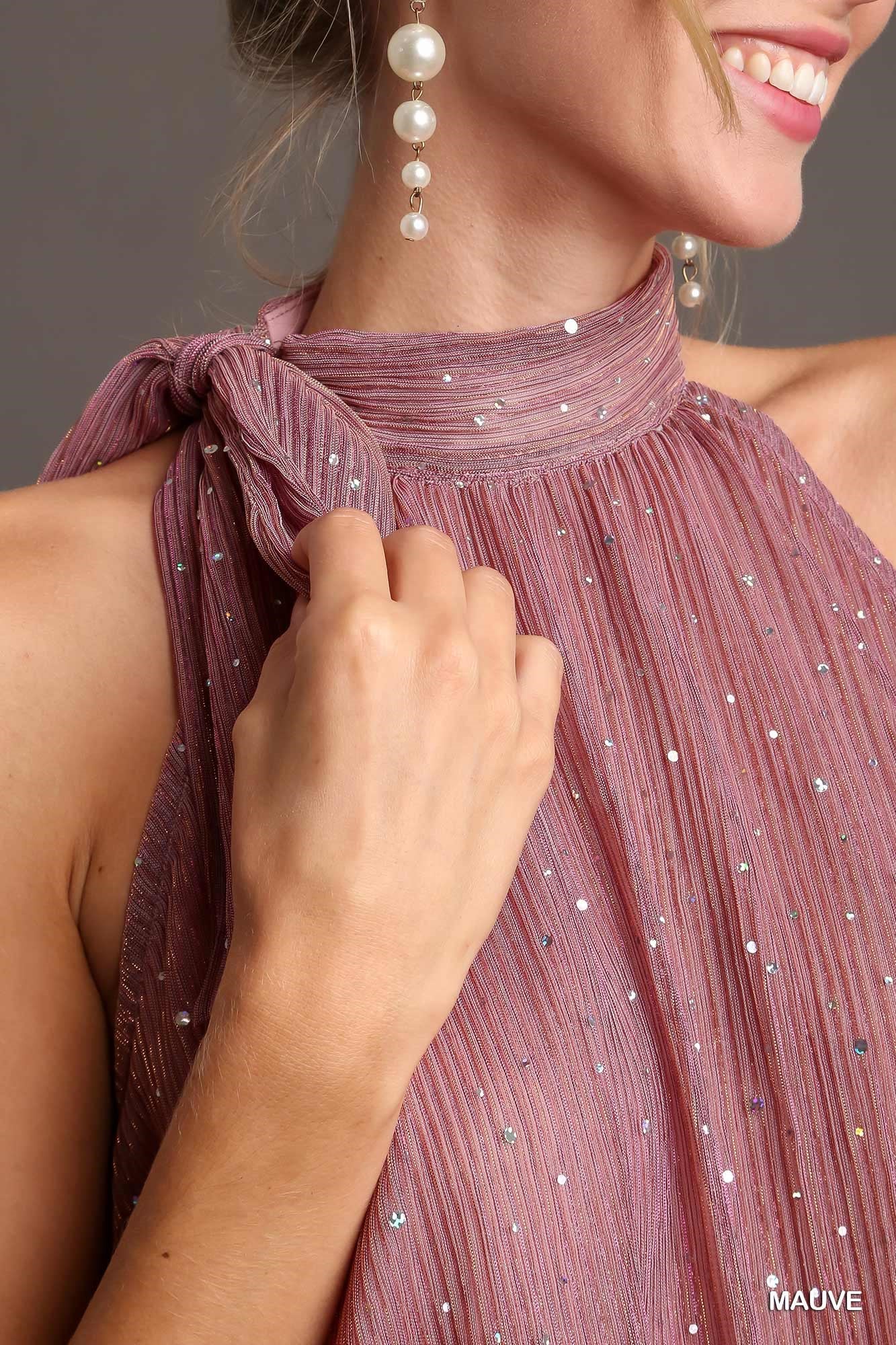 Mauve Sleeveless Metallic Tie Neck Halter Top