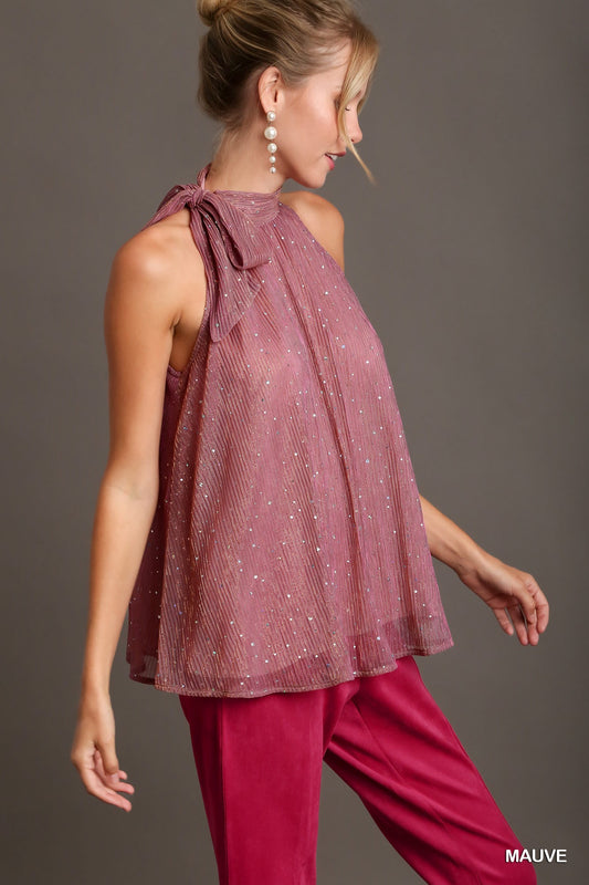 Mauve Sleeveless Metallic Tie Neck Halter Top