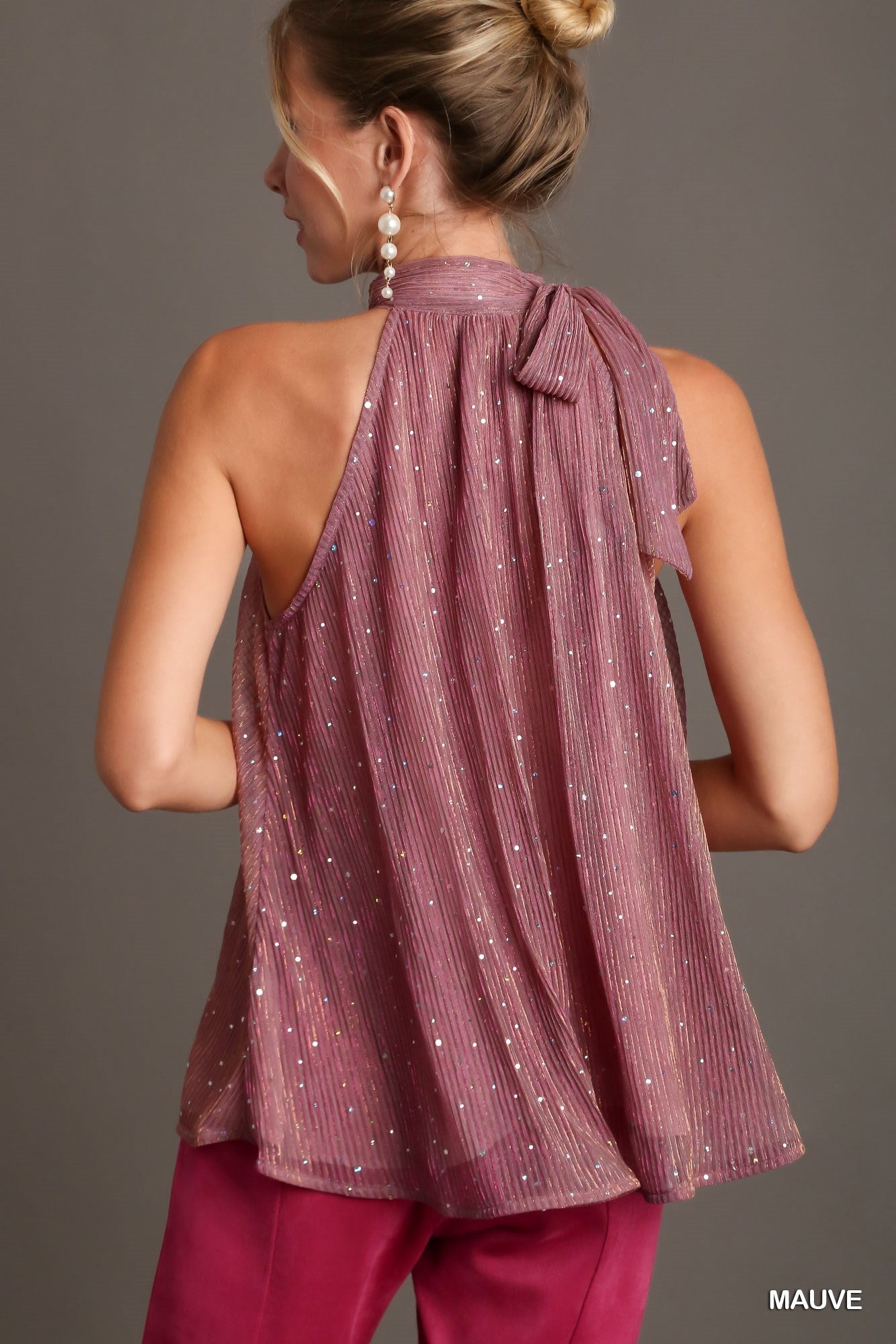 Mauve Sleeveless Metallic Tie Neck Halter Top