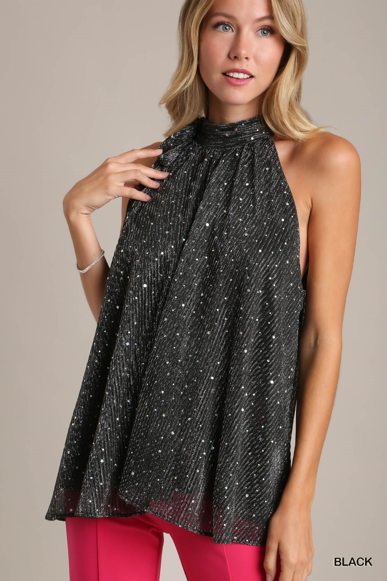Black Sleeveless Metallic Tie Neck Halter Top