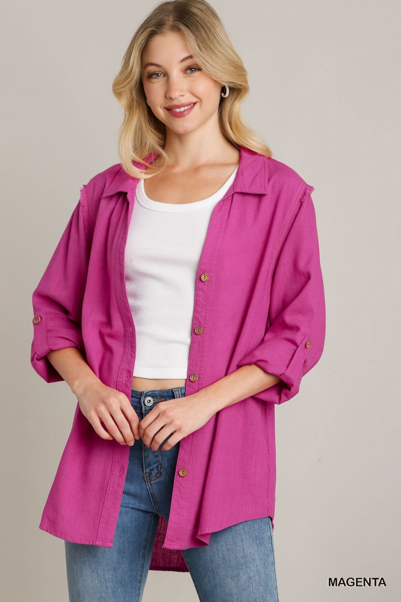 Magenta Linen Collared Button Down Tunic Top