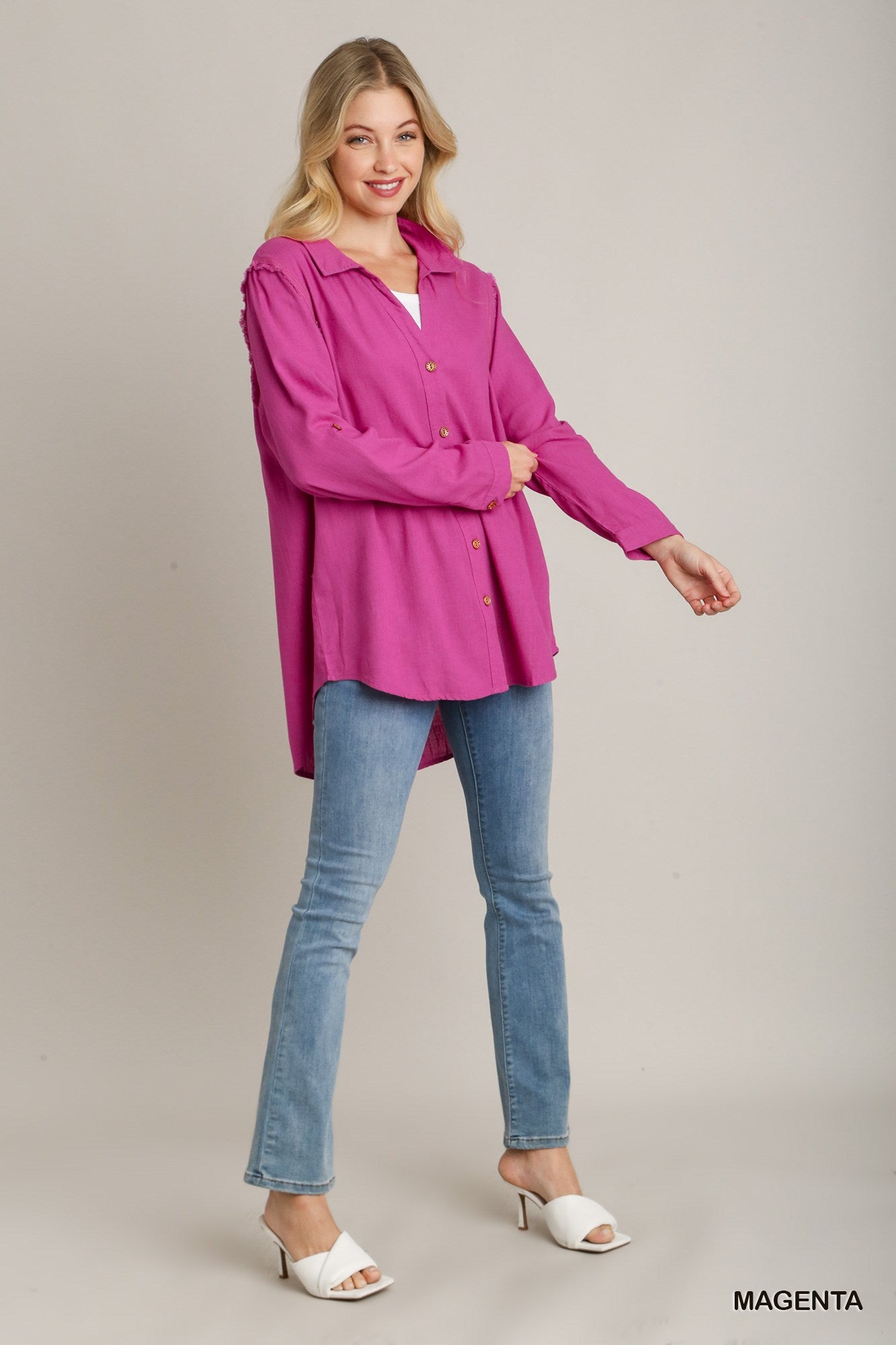 Magenta Linen Collared Button Down Tunic Top