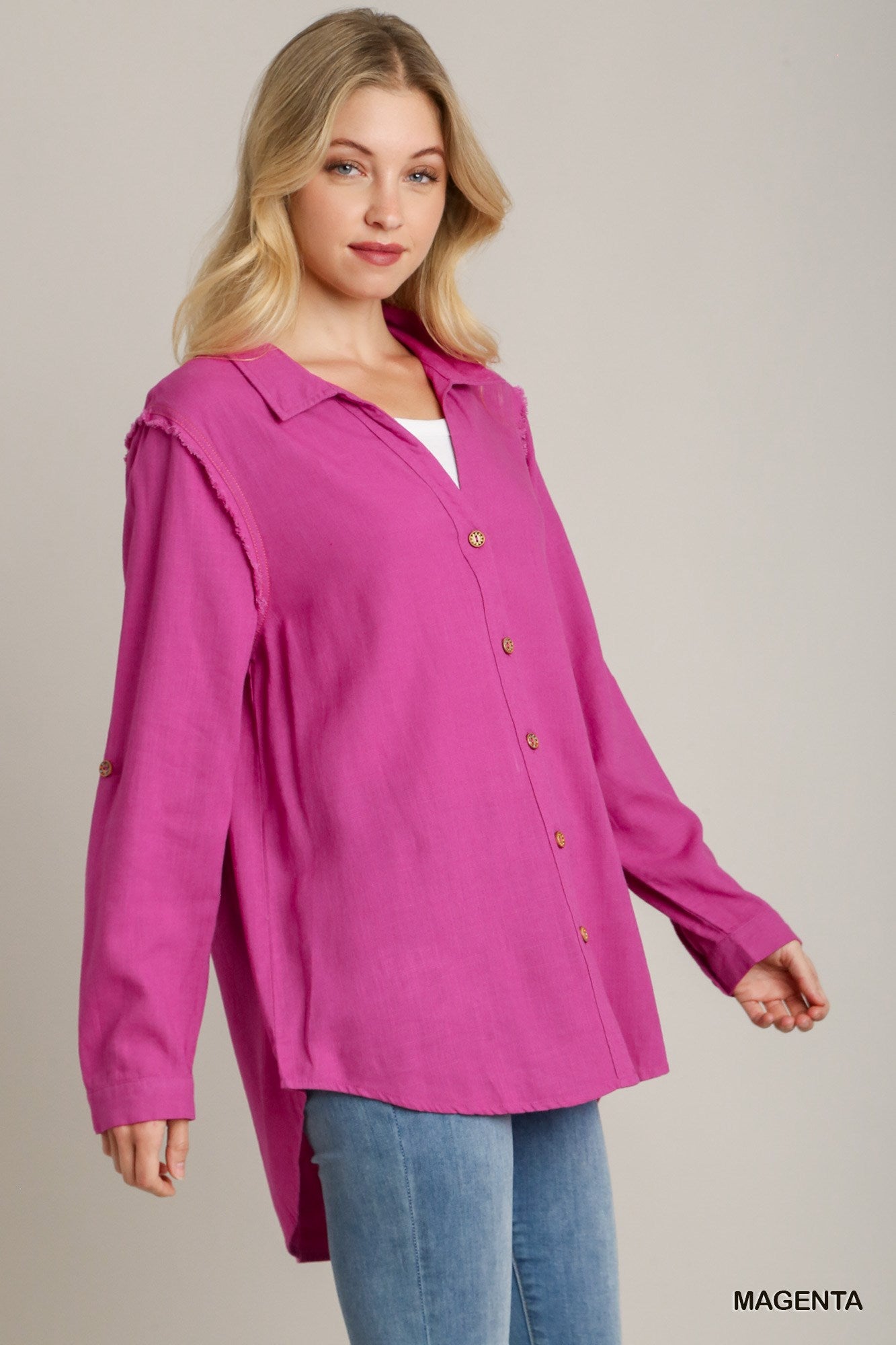 Magenta Linen Collared Button Down Tunic Top