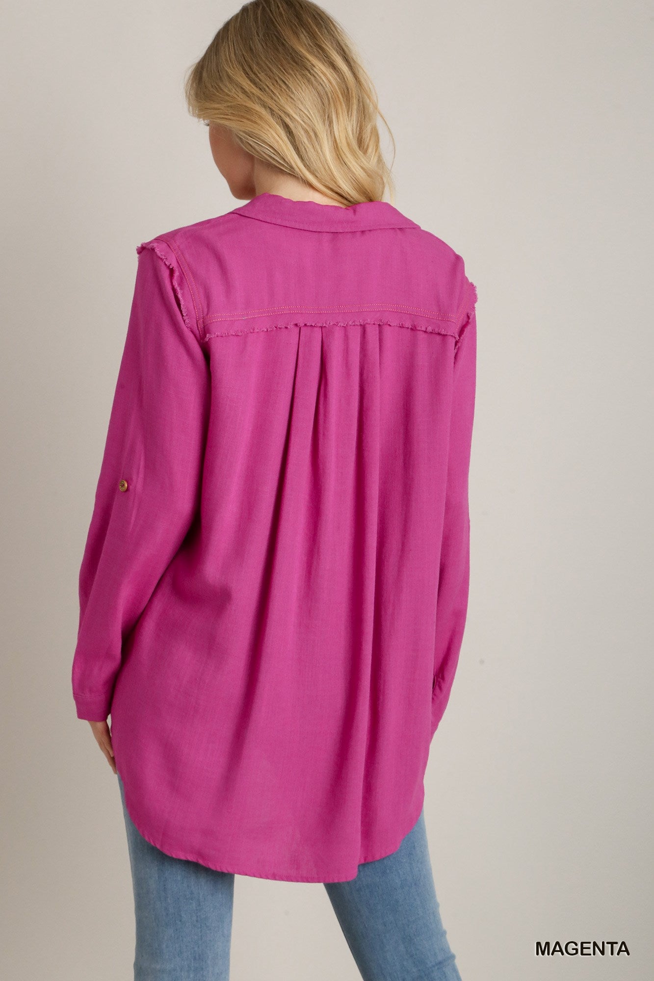 Magenta Linen Collared Button Down Tunic Top