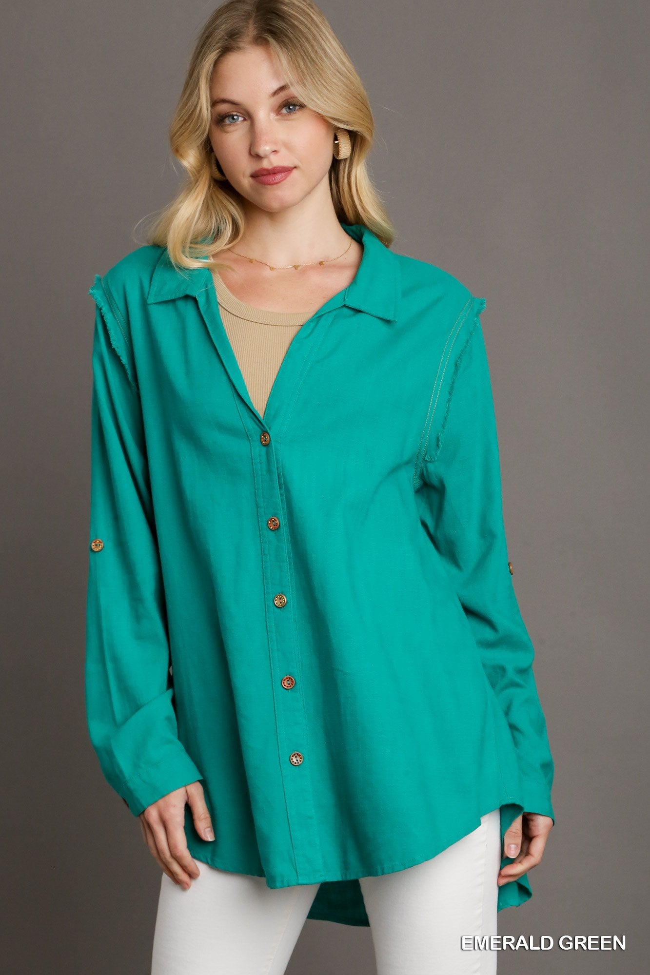 Emerald Green Linen Collared Button Down Tunic Top