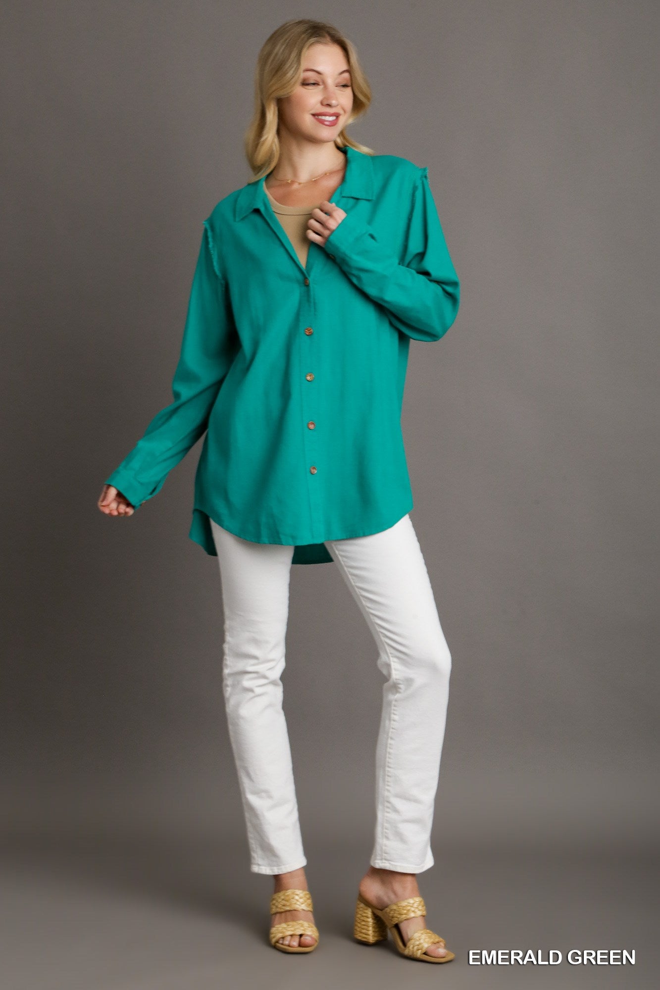 Emerald Green Linen Collared Button Down Tunic Top