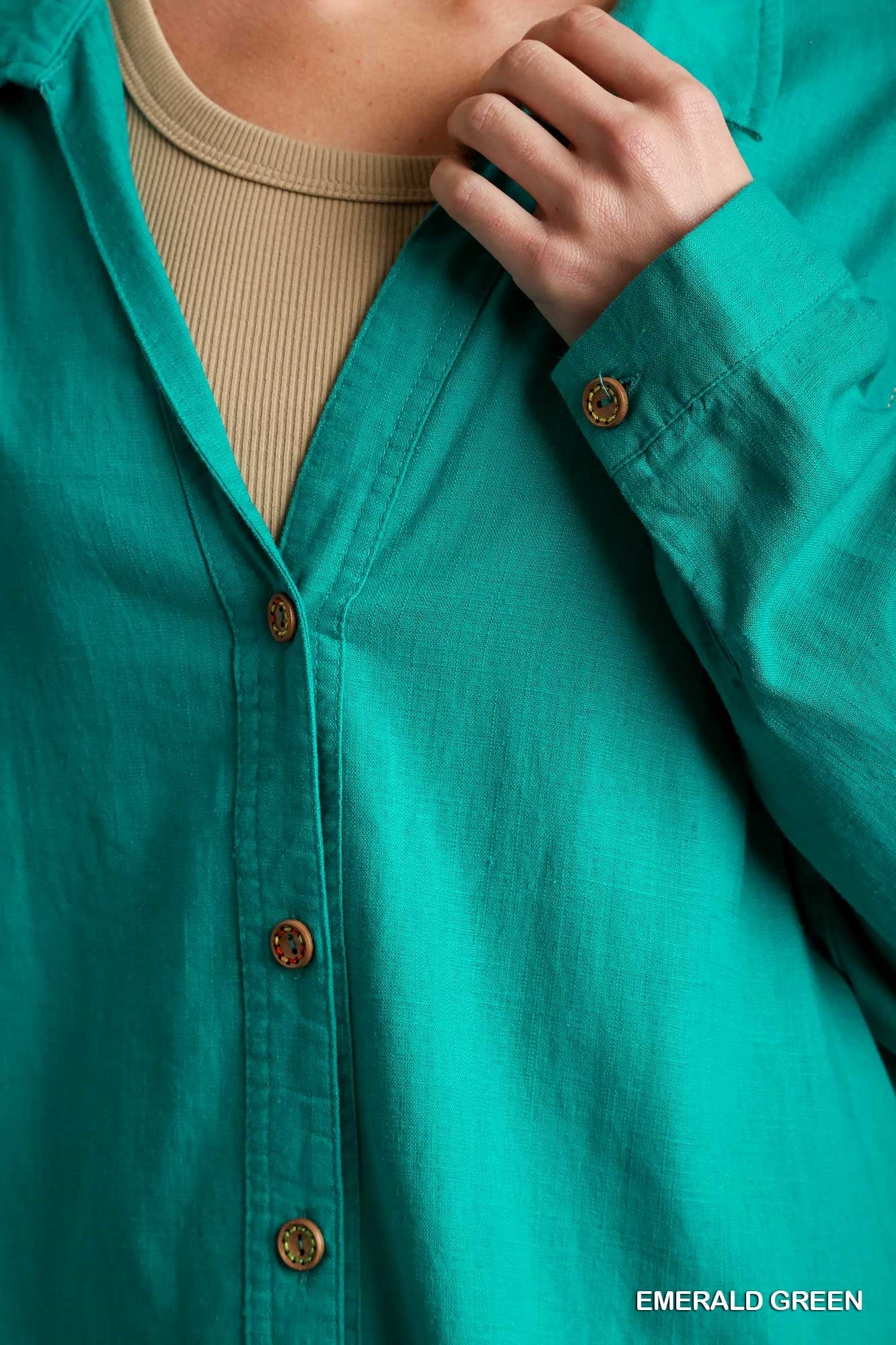 Emerald Green Linen Collared Button Down Tunic Top