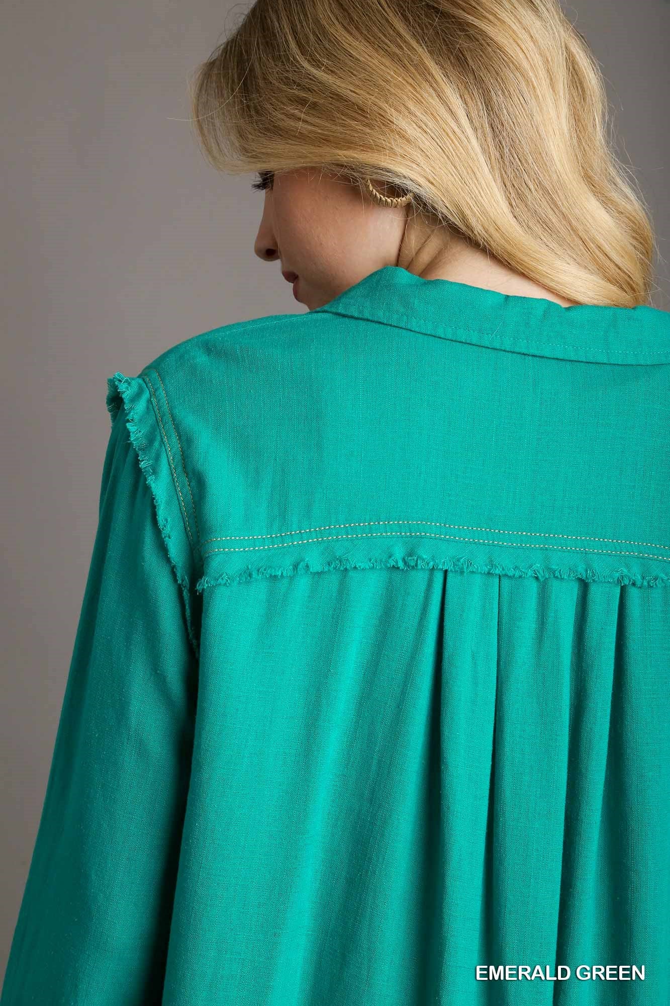 Emerald Green Linen Collared Button Down Tunic Top