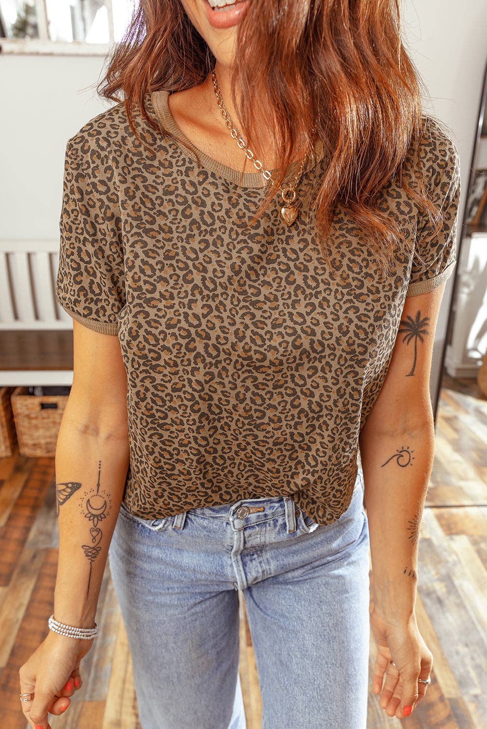 Western Leopard Print Crew Neck Casual Tee