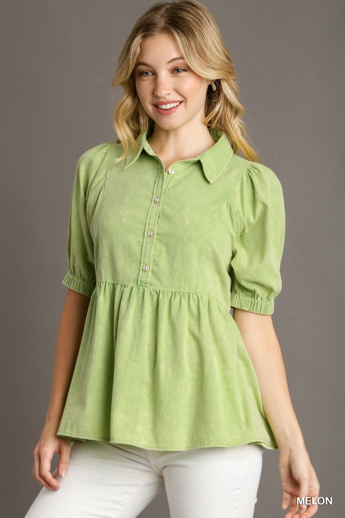 Melon Mineral Wash Collared Top