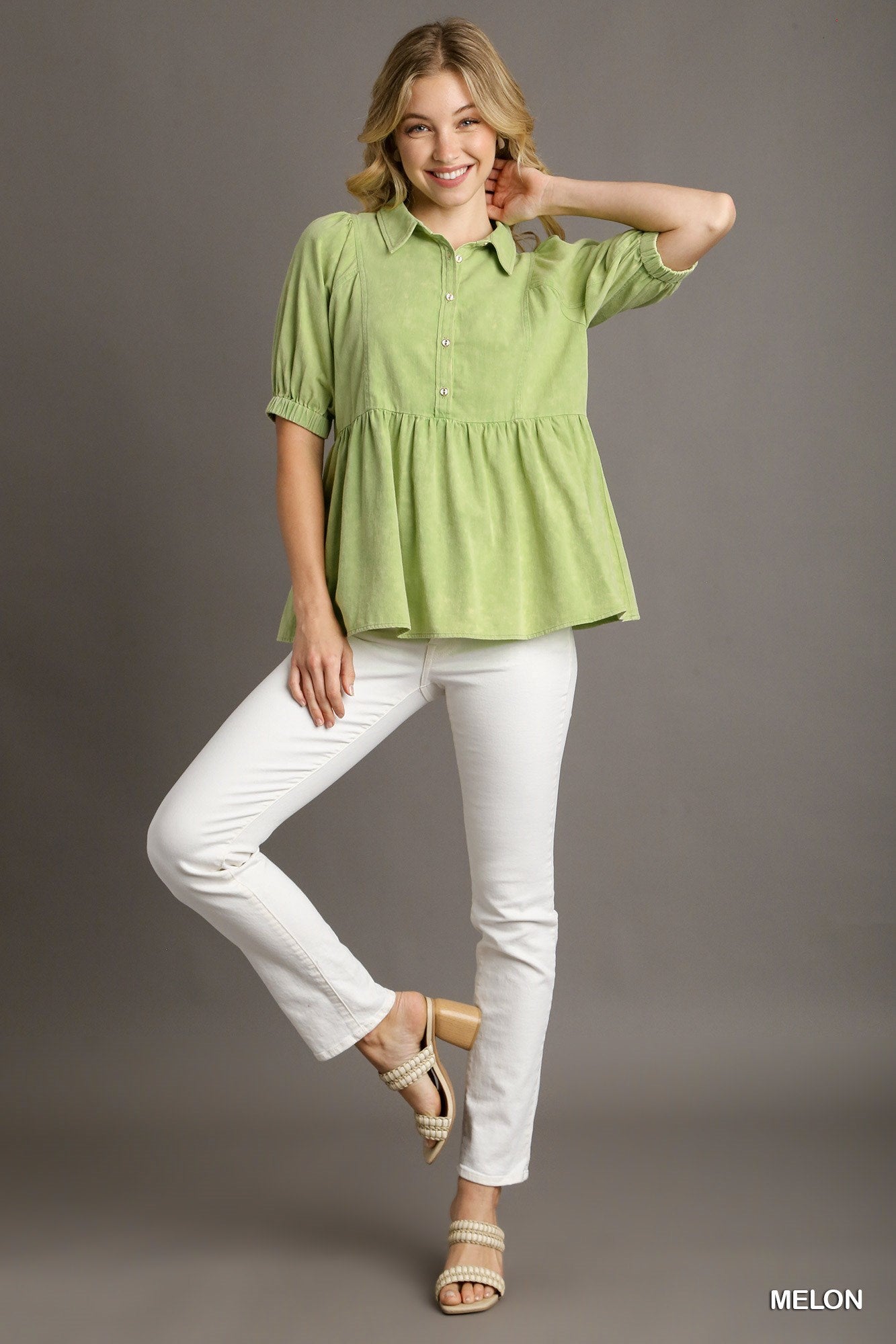 Melon Mineral Wash Collared Top