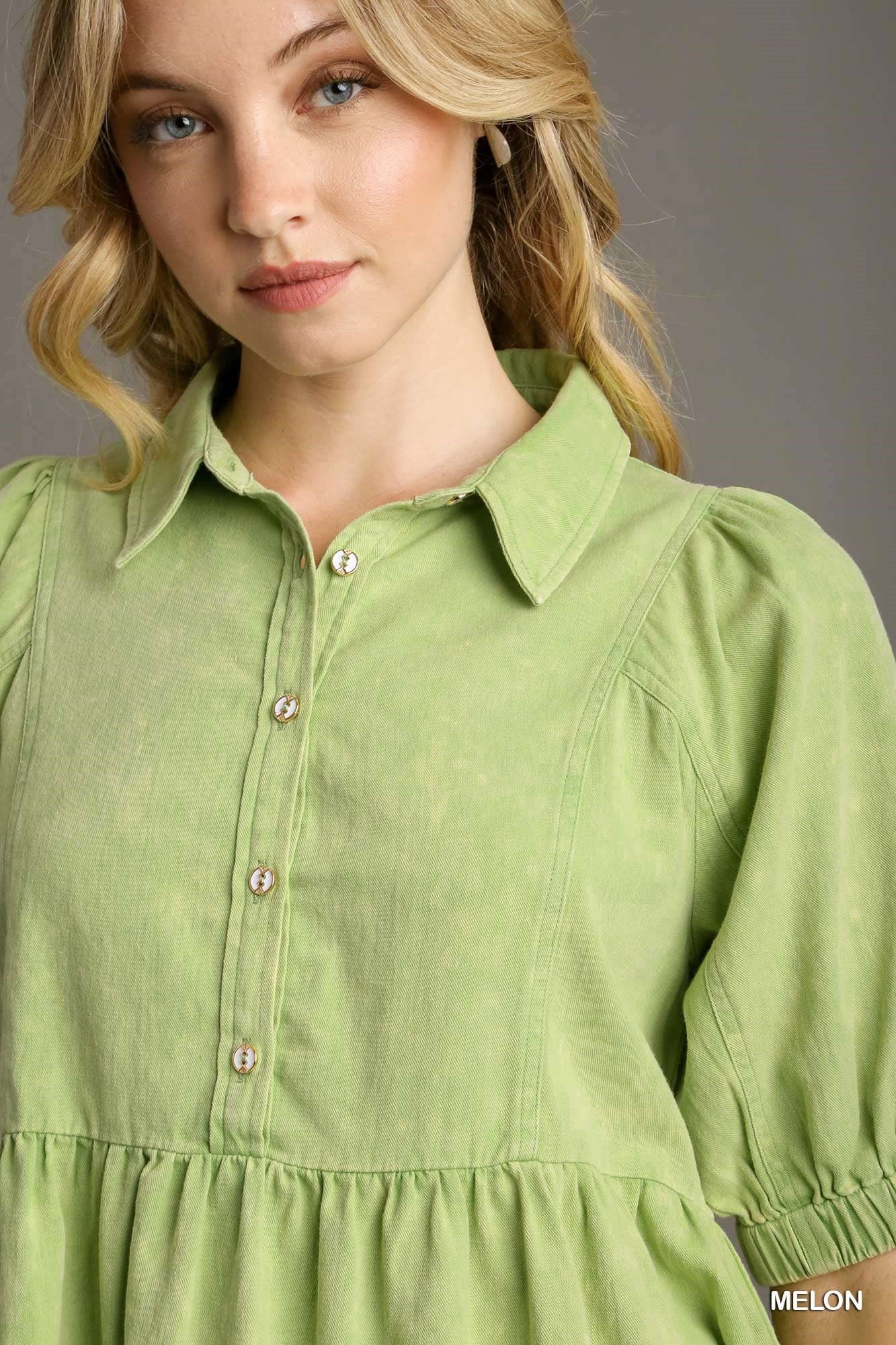 Melon Mineral Wash Collared Top