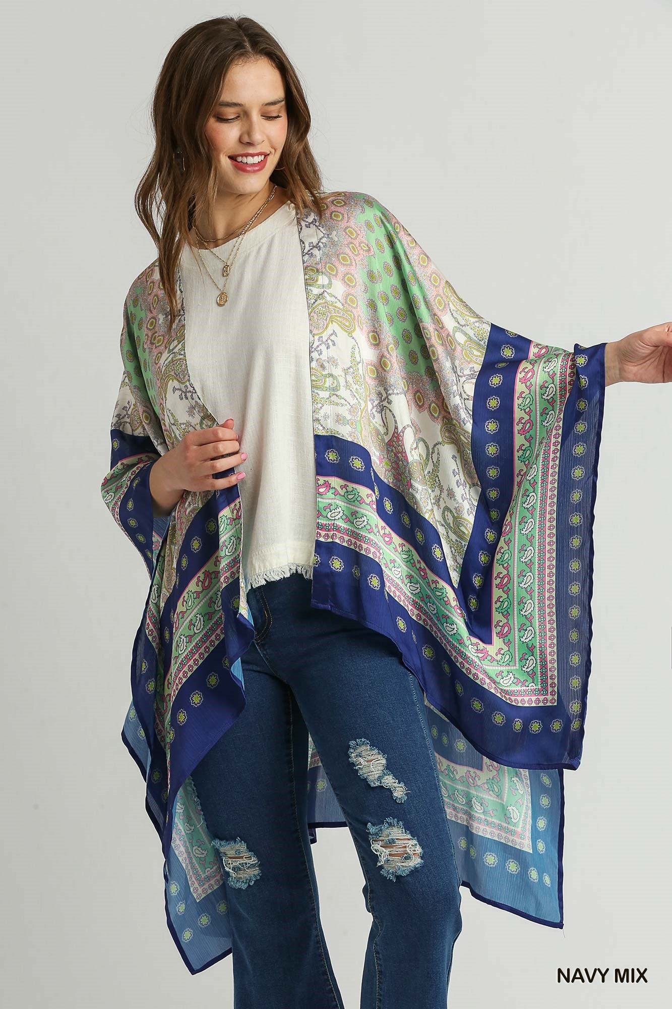 Navy Mixed Print Open Fron Kimono