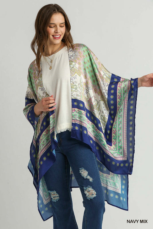 Navy Mixed Print Open Fron Kimono