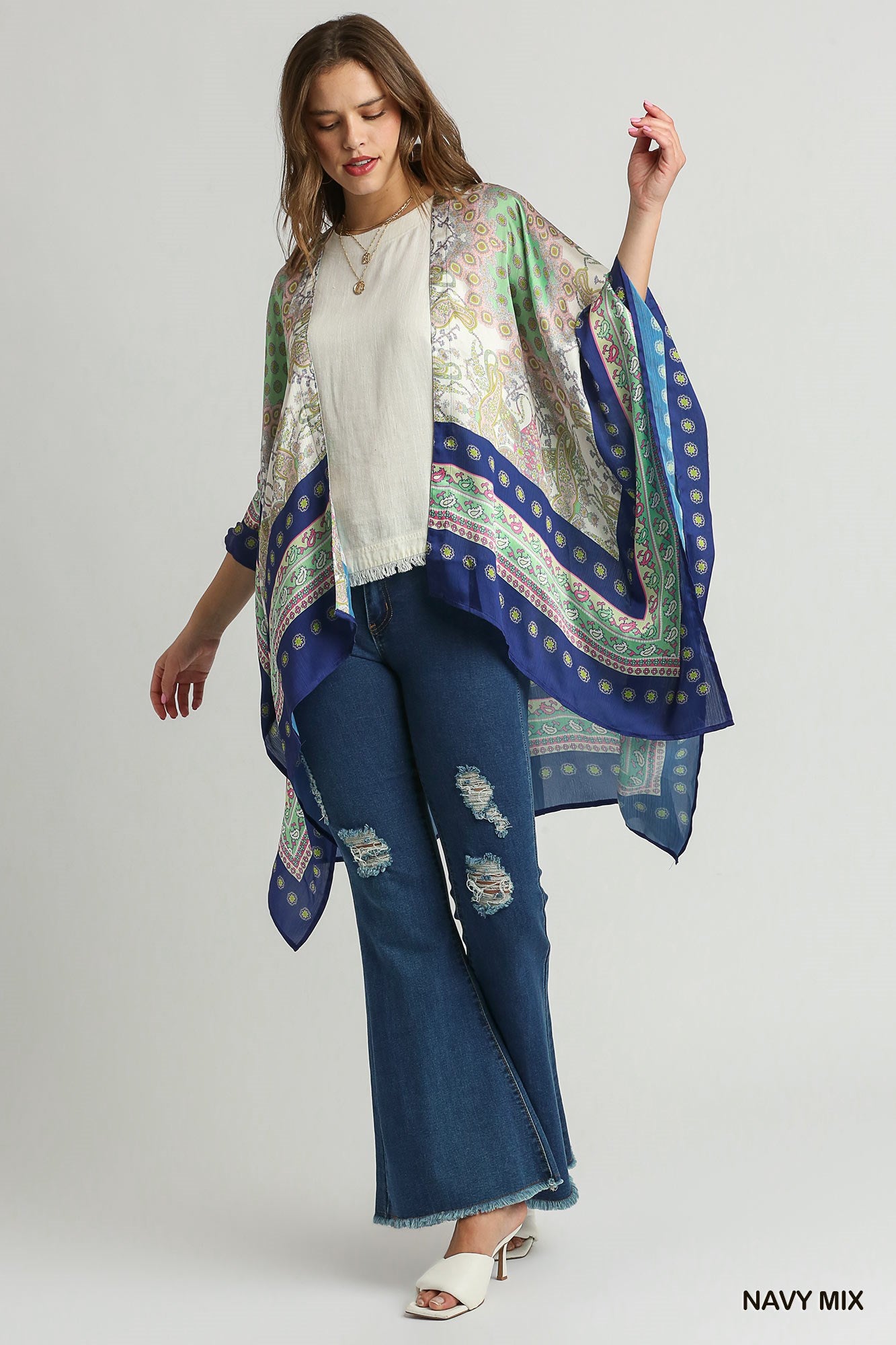 Navy Mixed Print Open Fron Kimono