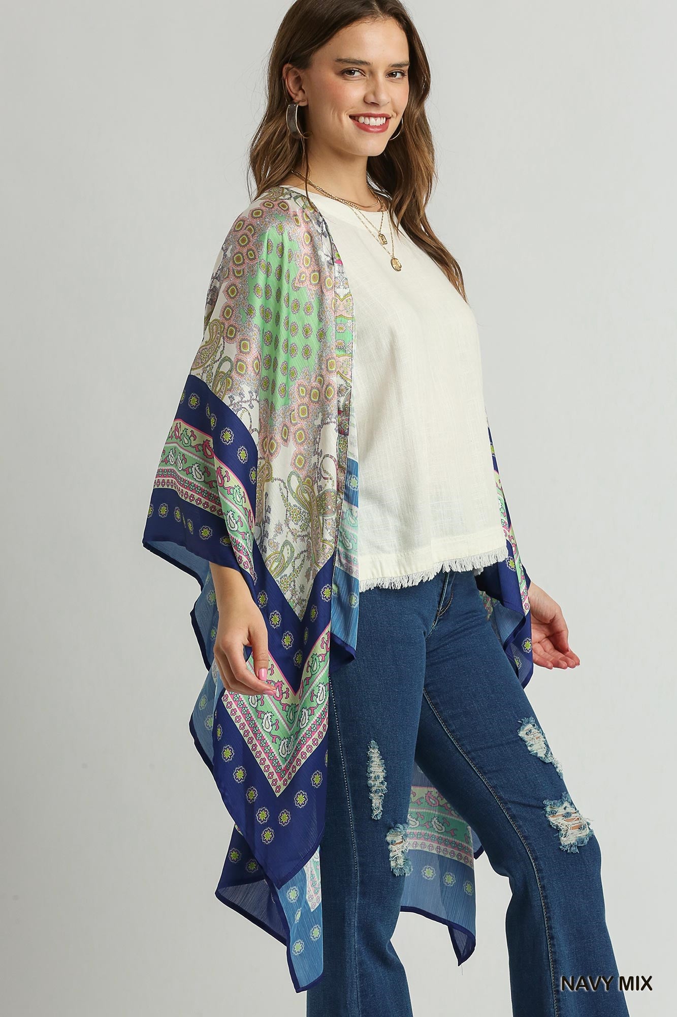 Navy Mixed Print Open Fron Kimono