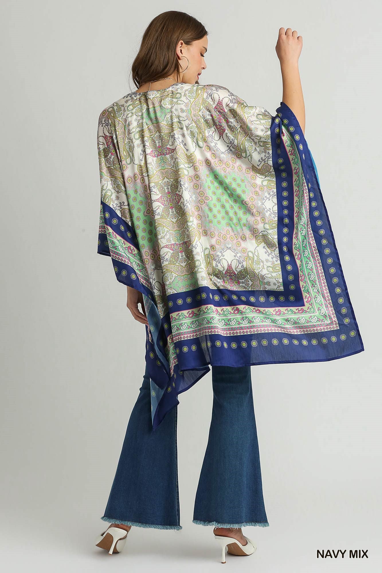 Navy Mixed Print Open Fron Kimono