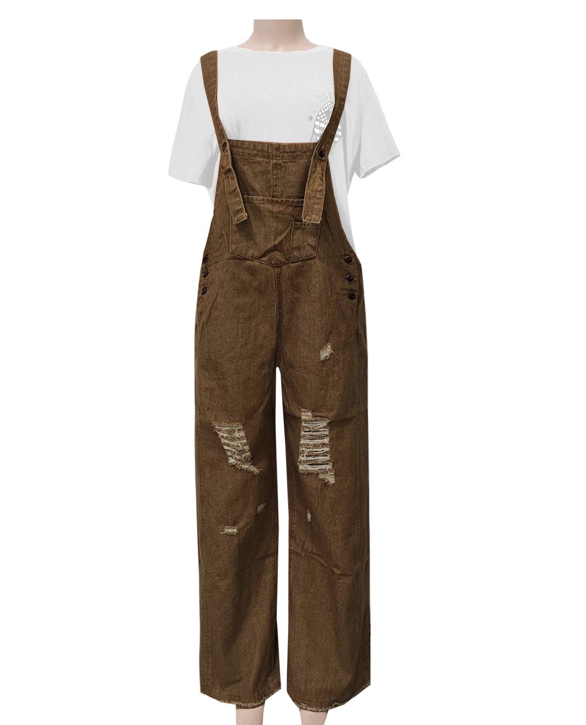 Coffee Distressed Baggy Wide Leg Denim Overalls