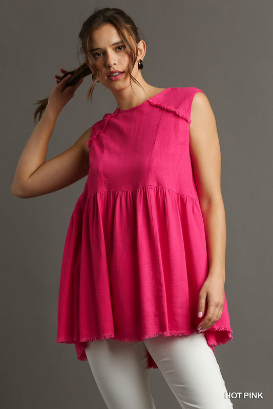 Hot Pink Linen Sleeveless Frayed Tunic Top