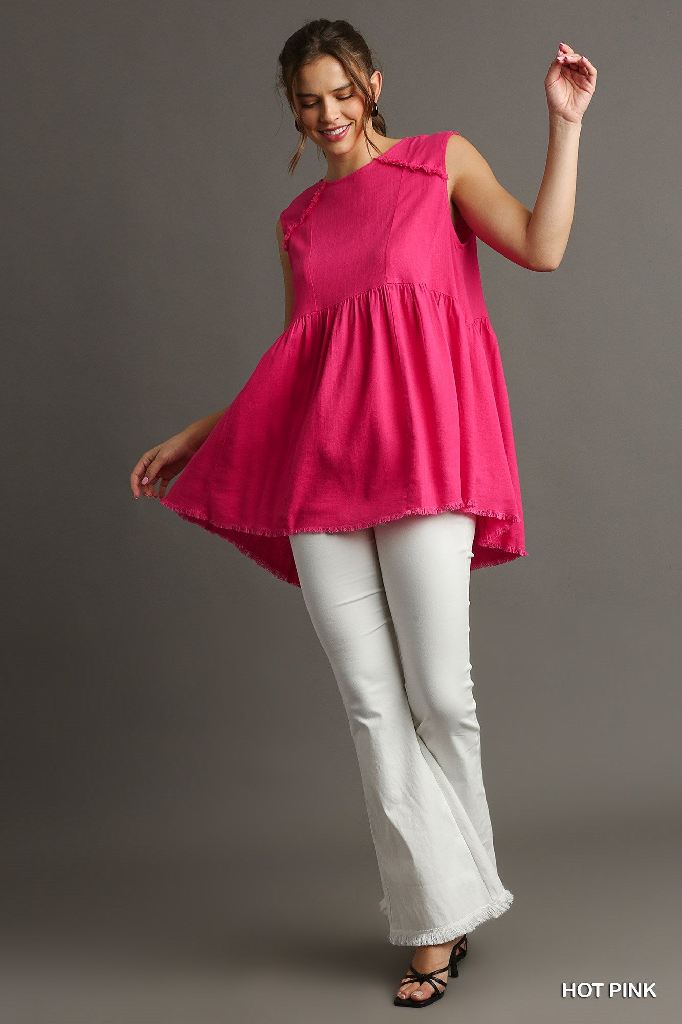 Hot Pink Linen Sleeveless Frayed Tunic Top