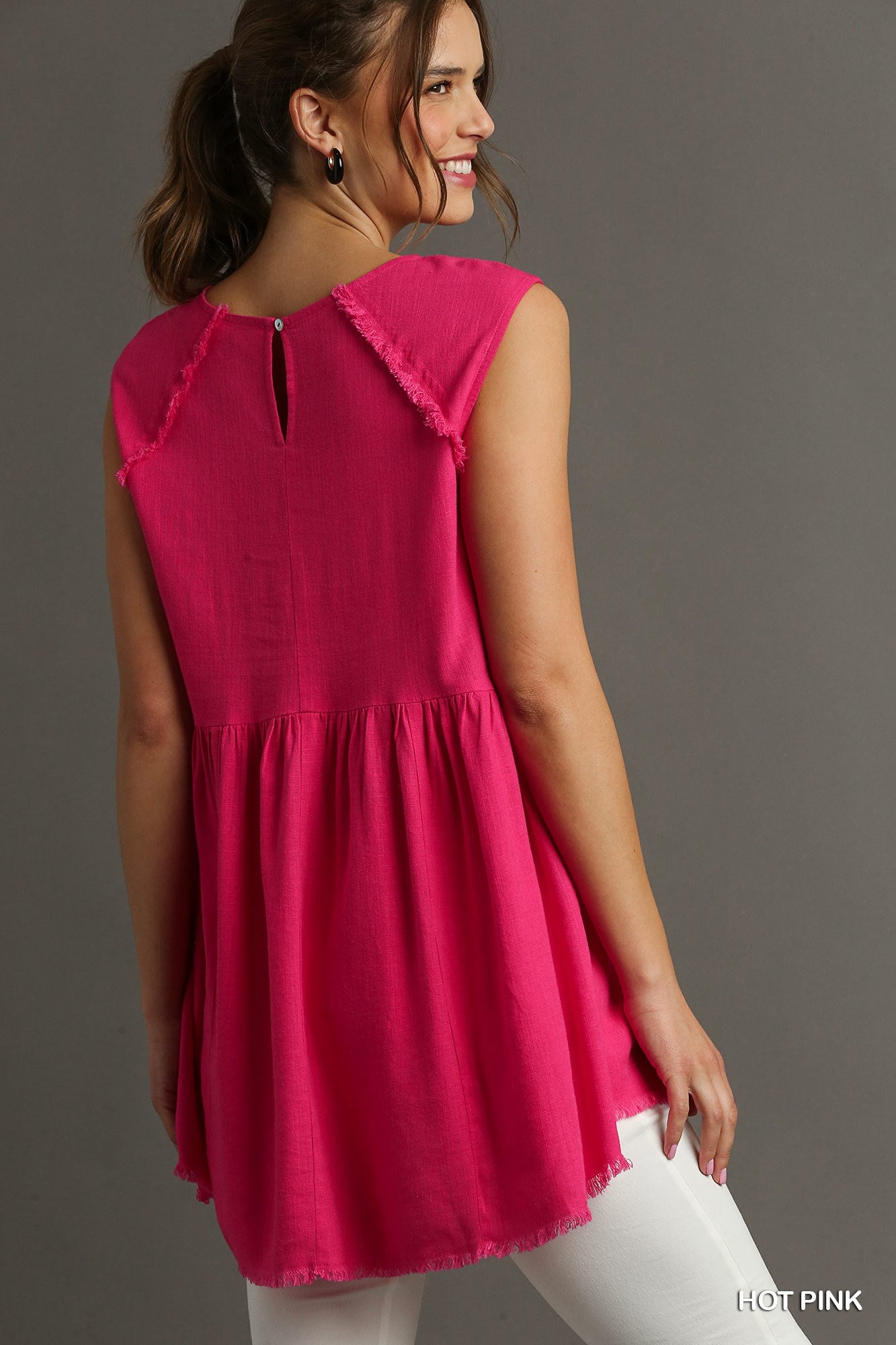 Hot Pink Linen Sleeveless Frayed Tunic Top