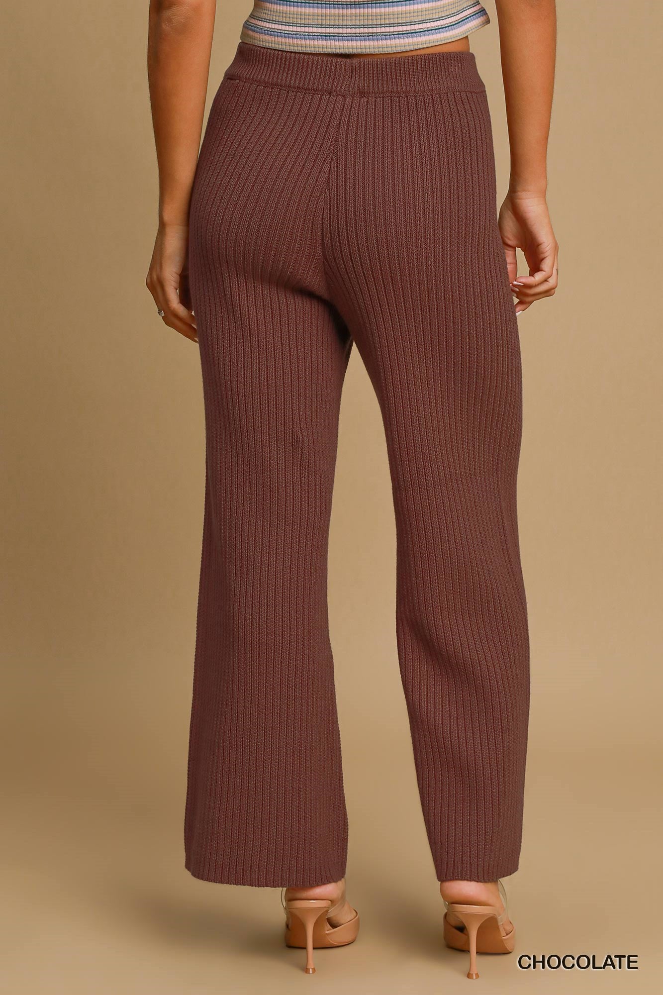 Chocolate Knit Elastic Waistband Wide Leg Pants