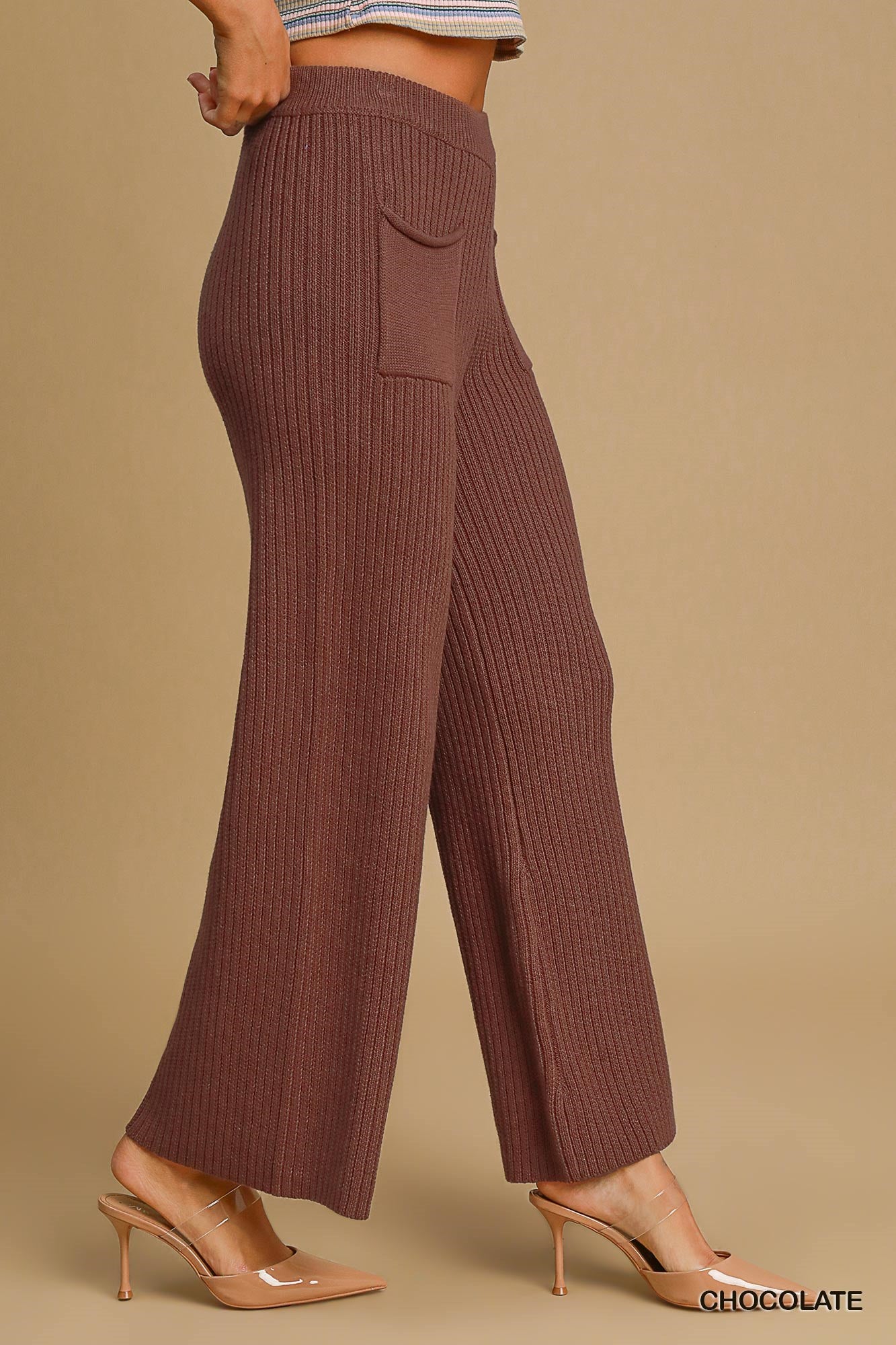 Chocolate Knit Elastic Waistband Wide Leg Pants