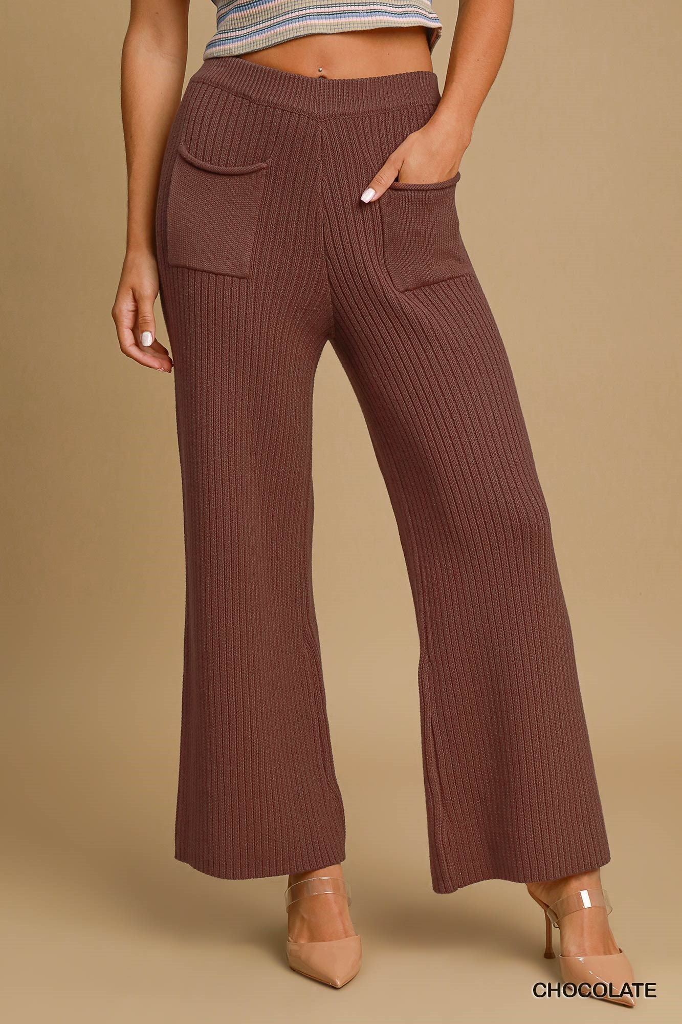 Chocolate Knit Elastic Waistband Wide Leg Pants