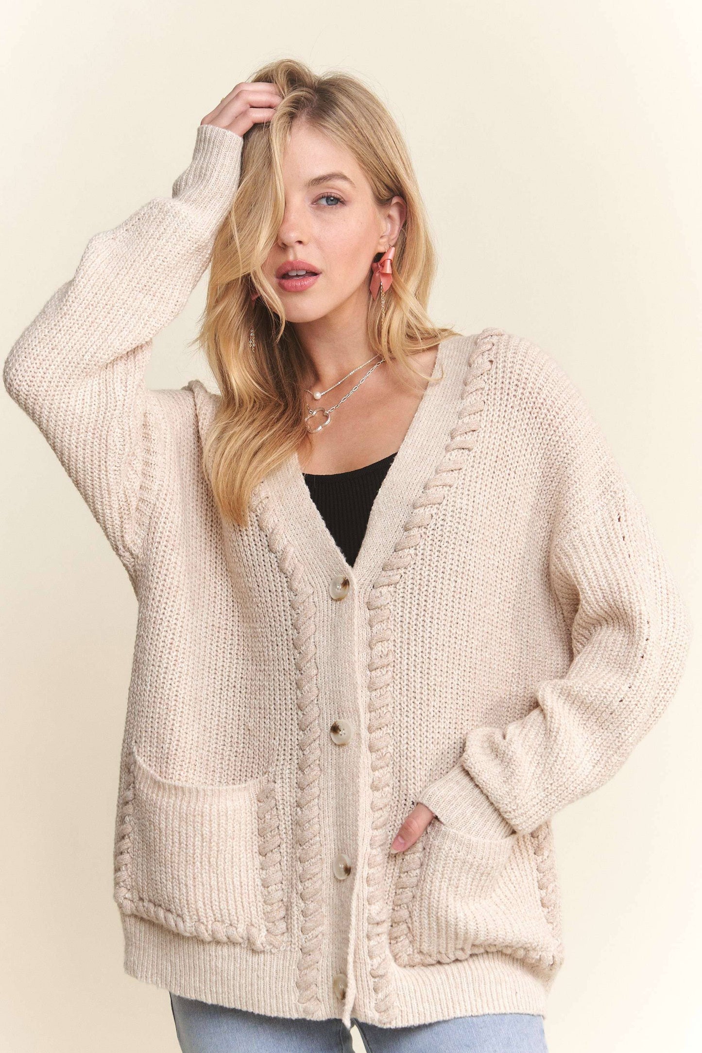 Oatmeal Stitch Accent Sweater Cardigan