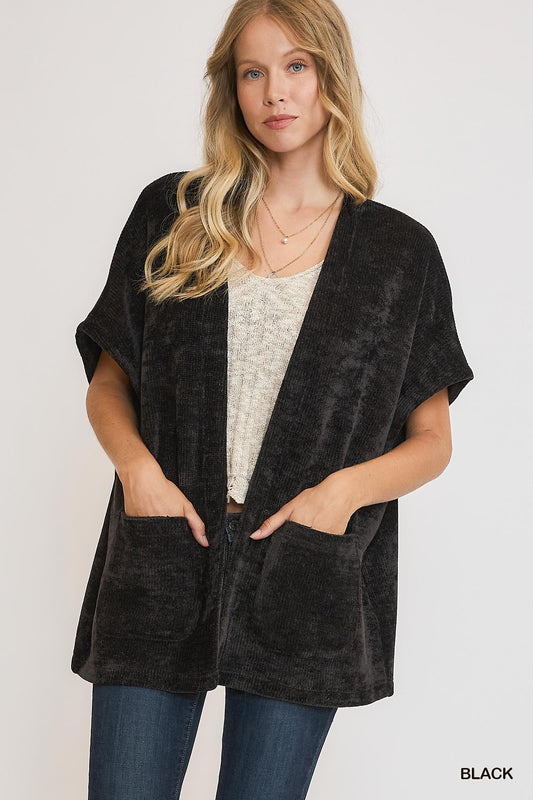 Black Open Front Knit Jacket