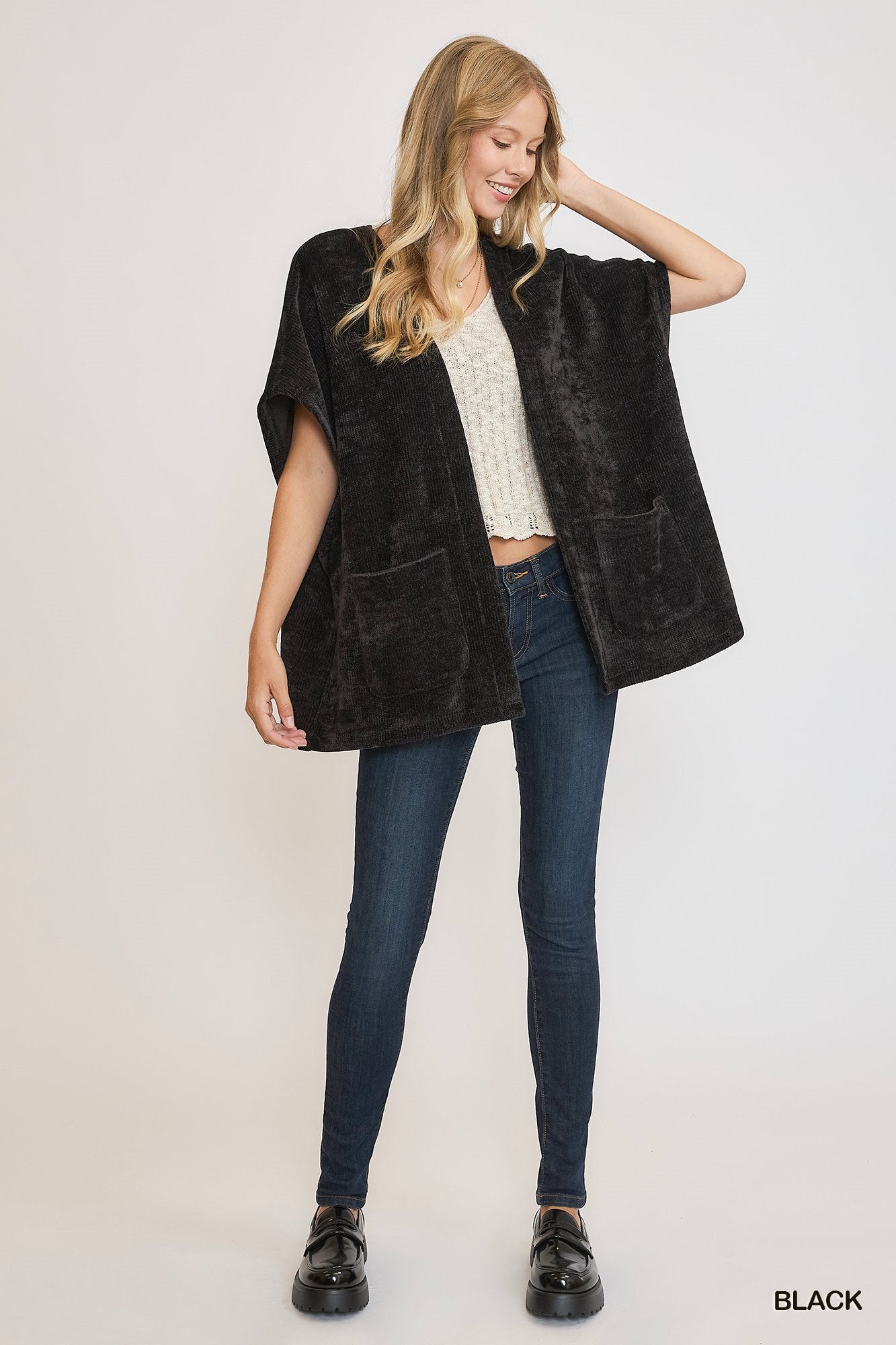 Black Open Front Knit Jacket