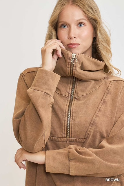 Brown Mineral Washed Half Zip Up Top