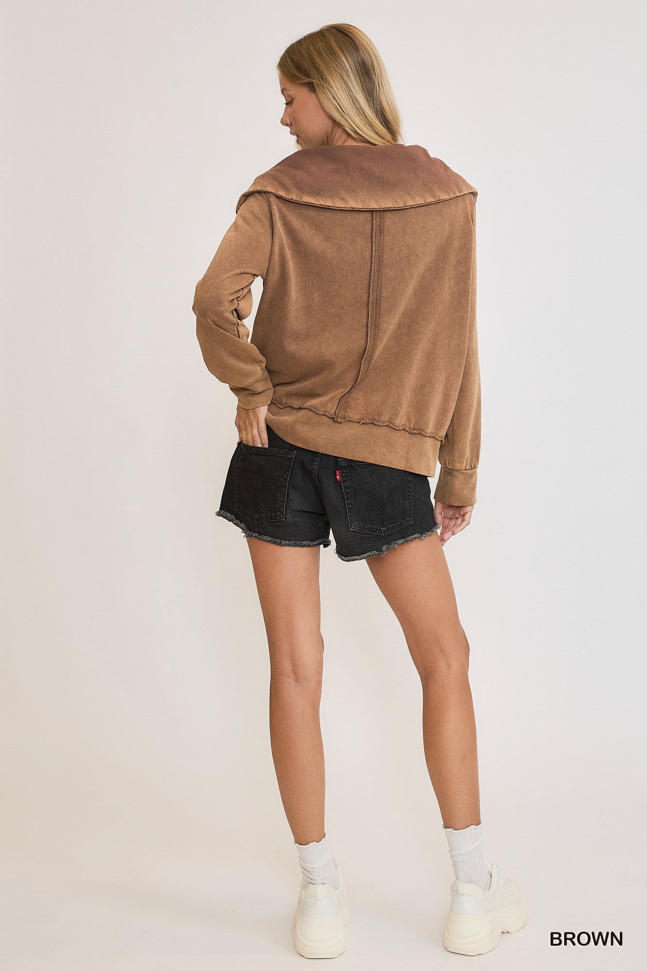 Brown Mineral Washed Half Zip Up Top