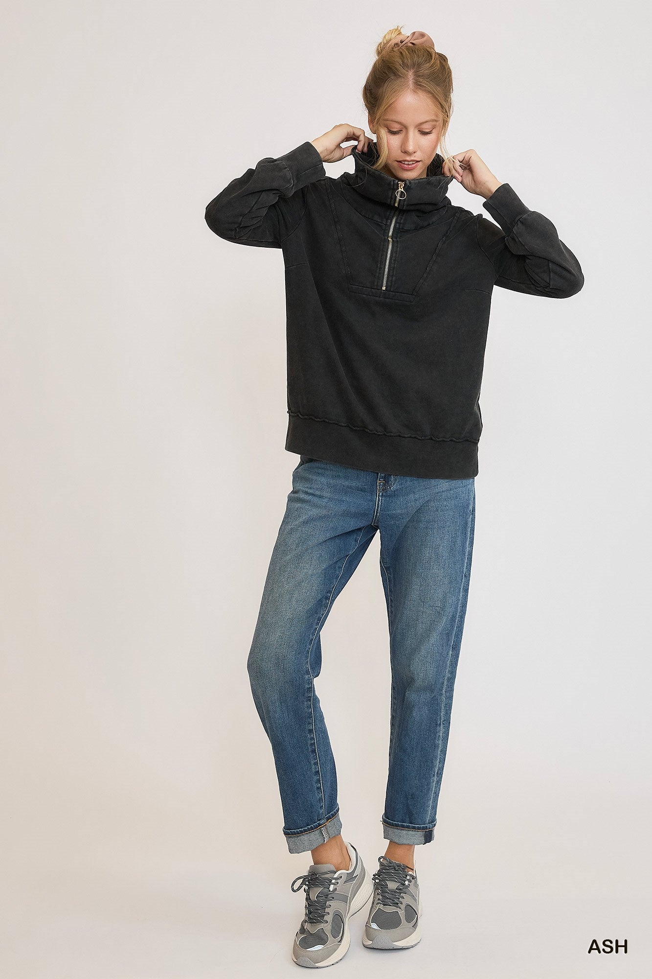 Ash Black Mineral Washed Half Zip Up Top