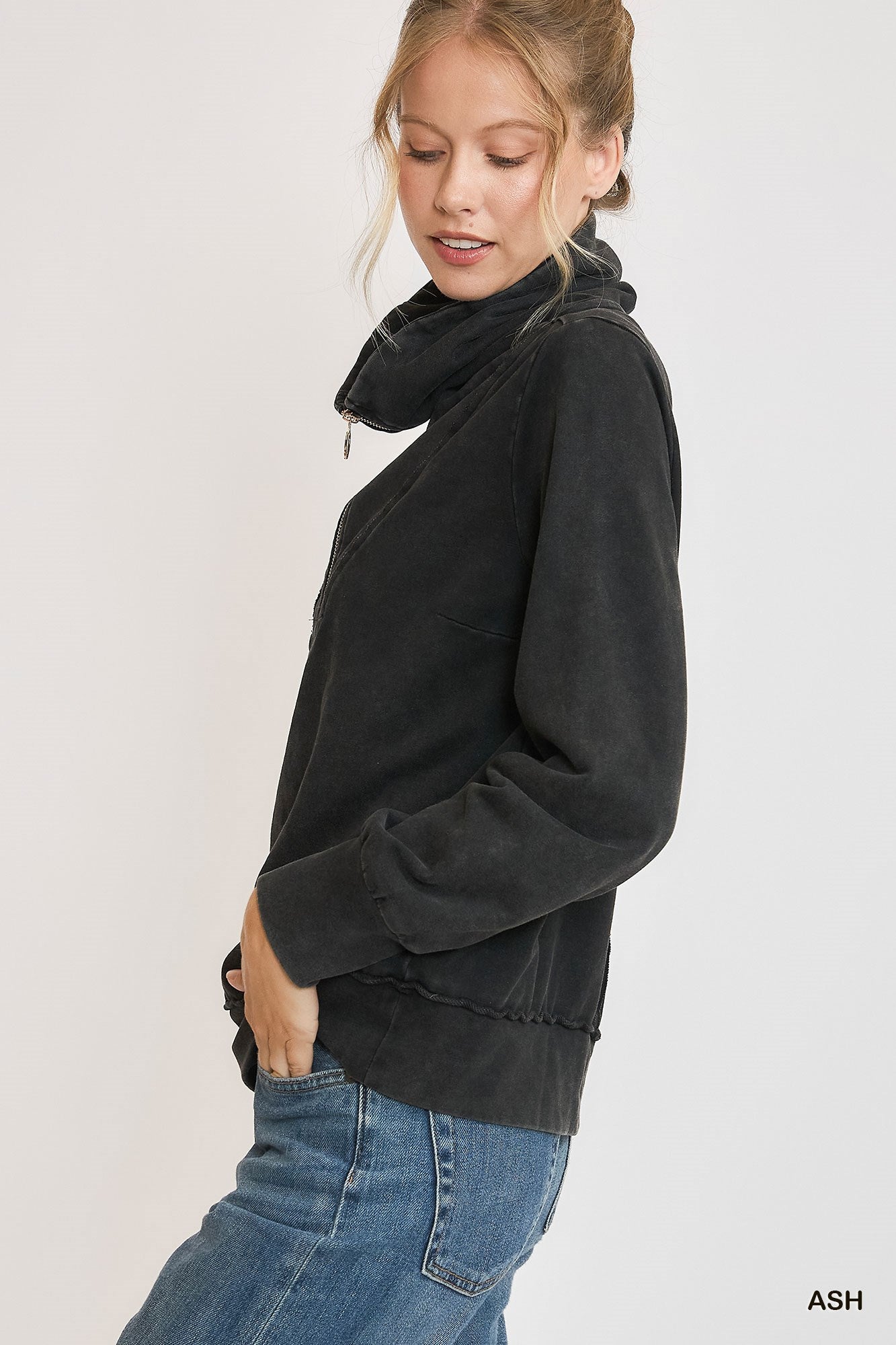 Ash Black Mineral Washed Half Zip Up Top