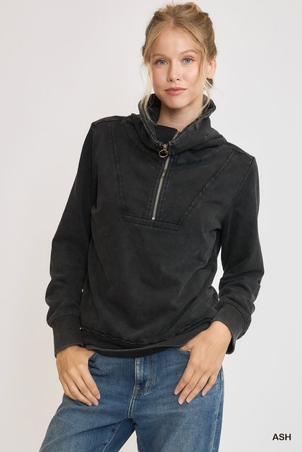 Ash Black Mineral Washed Half Zip Up Top