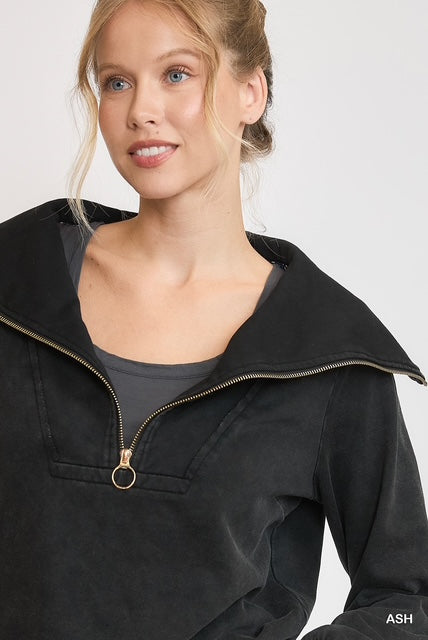Ash Black Mineral Washed Half Zip Up Top