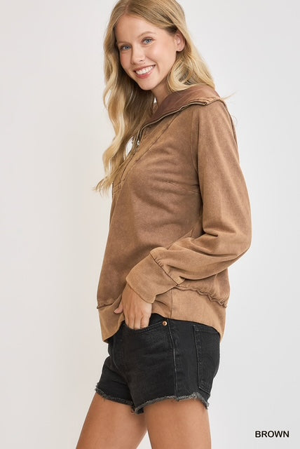 Brown Mineral Washed Half Zip Up Top