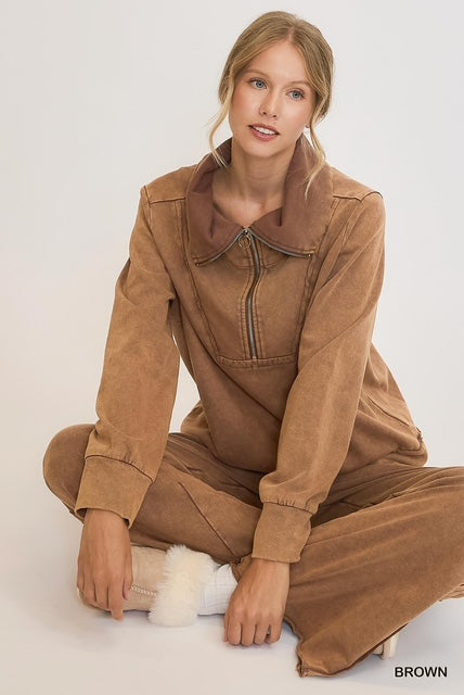 Brown Mineral Washed Half Zip Up Top