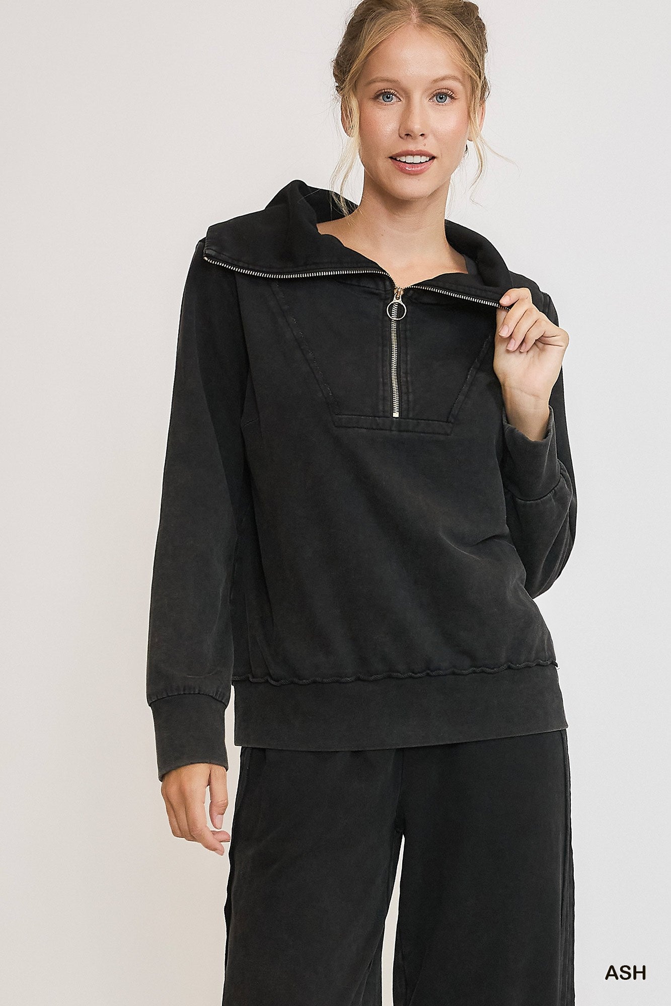 Ash Black Mineral Washed Half Zip Up Top
