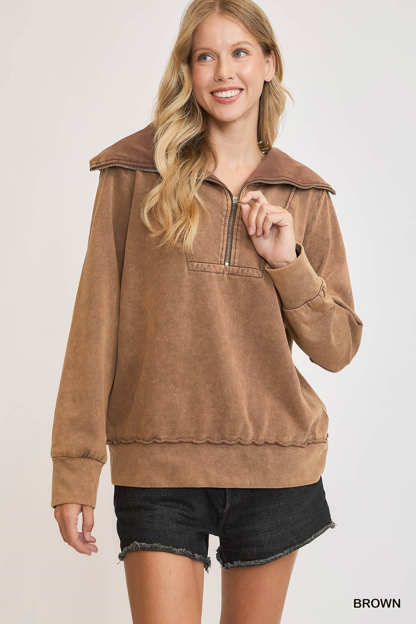 Brown Mineral Washed Half Zip Up Top