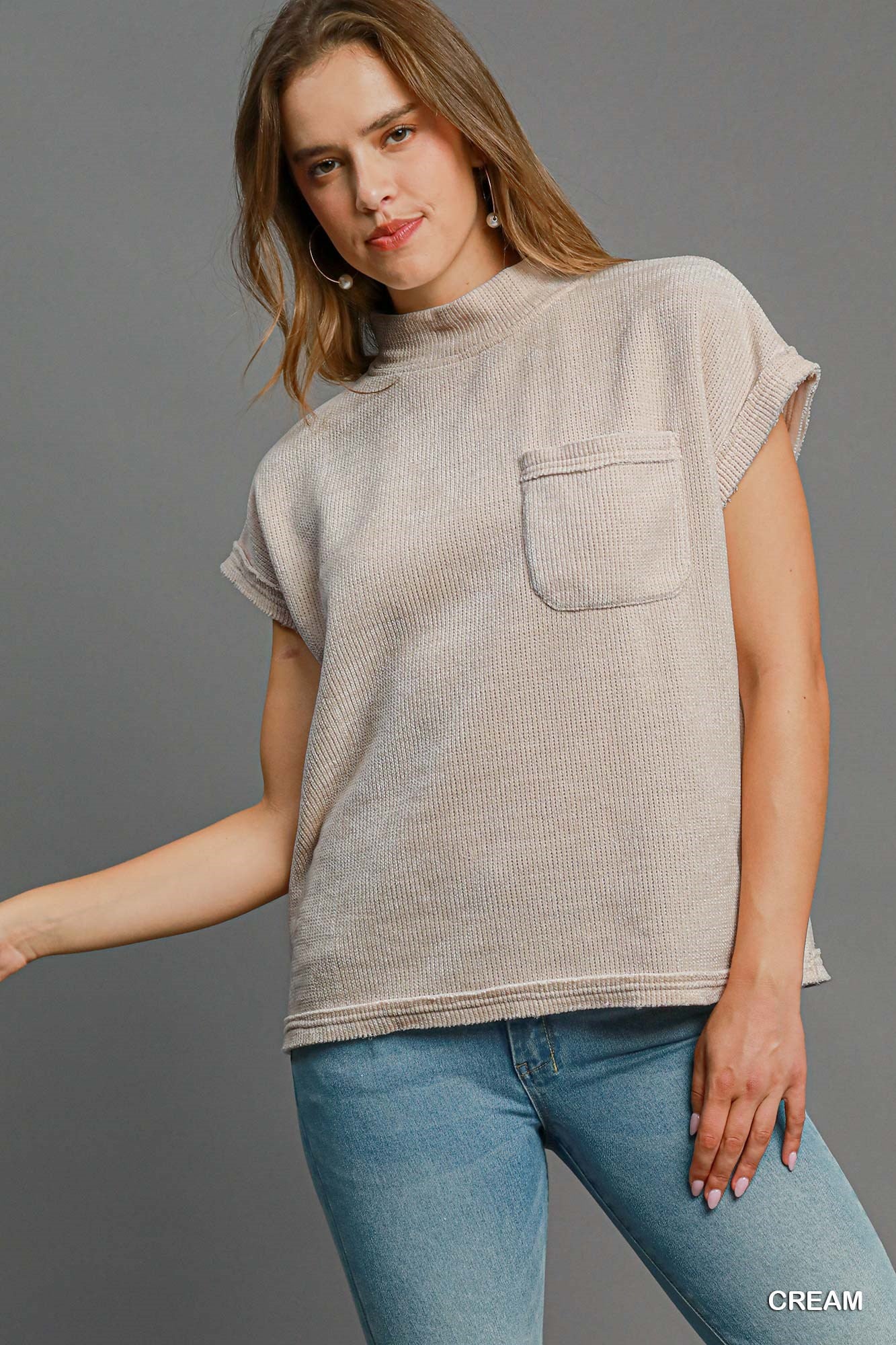 Cream Soft Knit Mock Neck Top