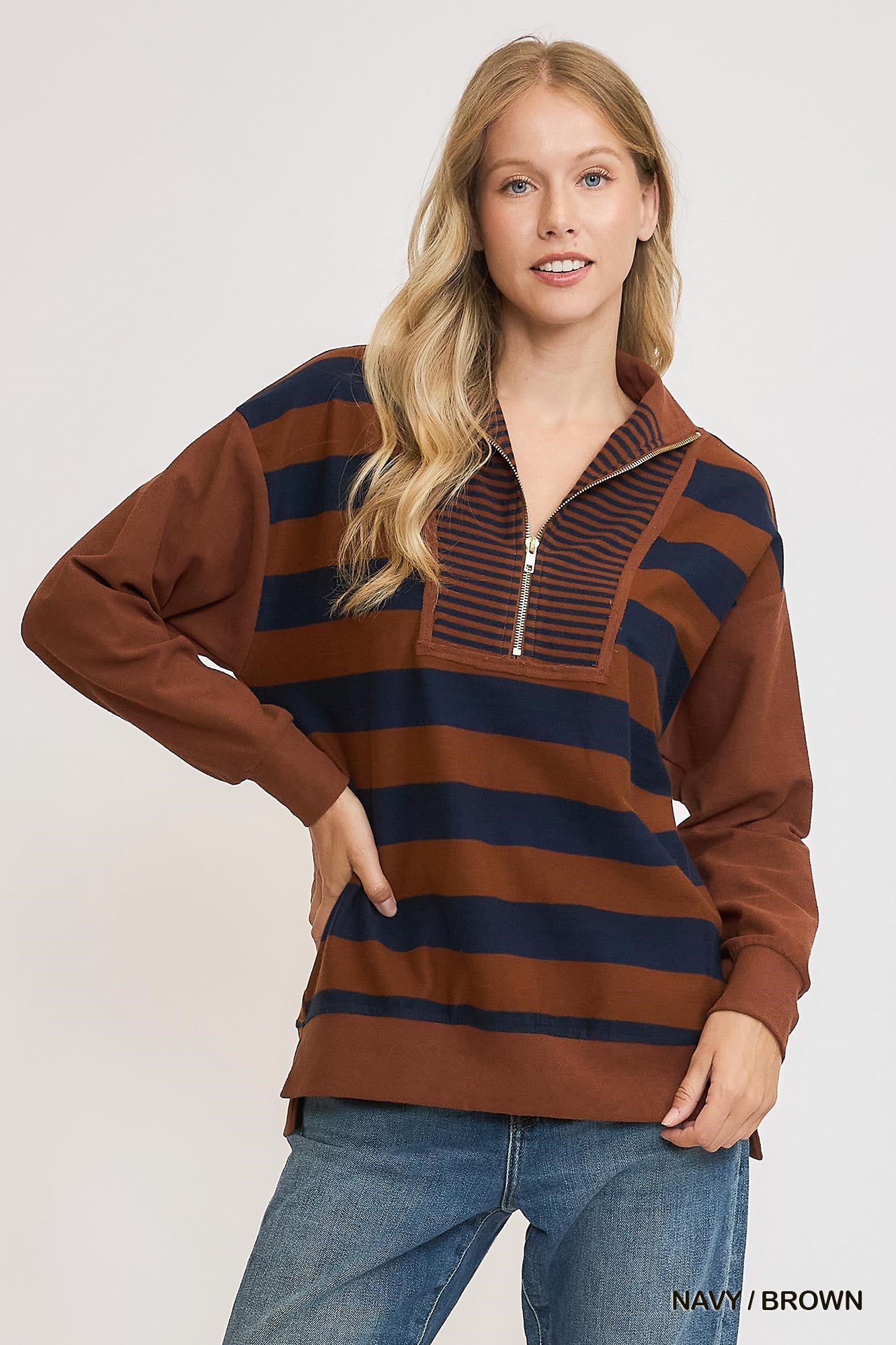 Navy & Brown Striped Half Zip Top