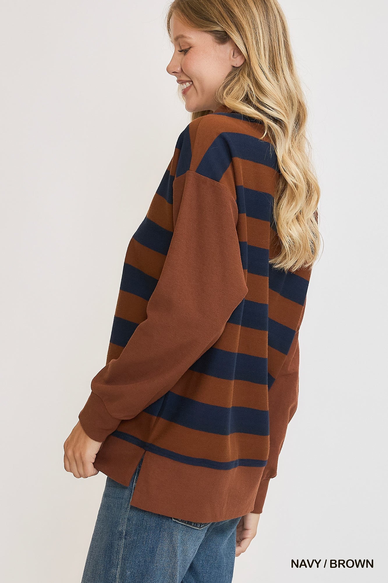 Navy & Brown Striped Half Zip Top